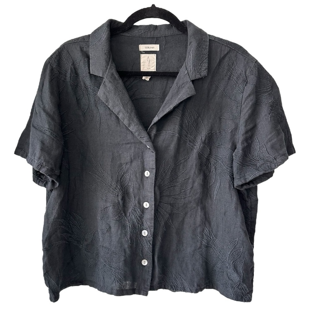 Joie 100% Linen Black Button Down Short Sleeve with Floral Embroidery Size Large
